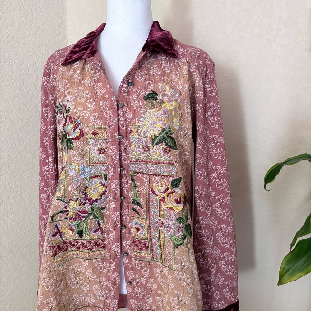 Aratta Floral Embroidered Blouse in Burgundy and Cream
